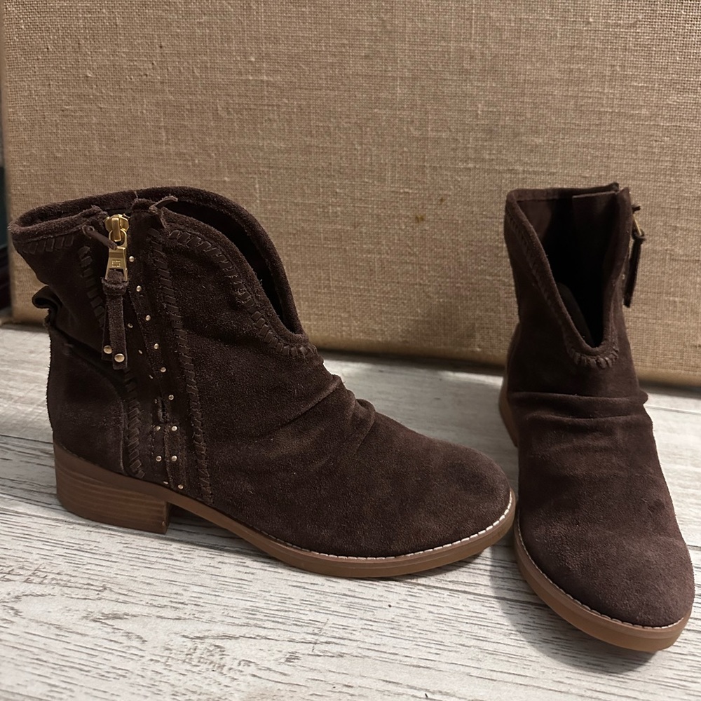 Latigo Anthropology Brown Lavender Zip Up Suede Leather Braided Studs Boots 10